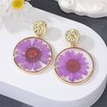 Gold Tone Round Resin Pressed Flower Drop Stud Earrings in Five Colors view 4