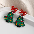 Red Bow and Embroidered Christmas Tree Drop Earrings view 4