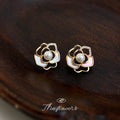 Gold Mother of Pearl Camellia Pearl Center Stud Earrings view 3