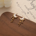 Gold Tone Crescent Moon and Star Chain Tassel Earrings view 3