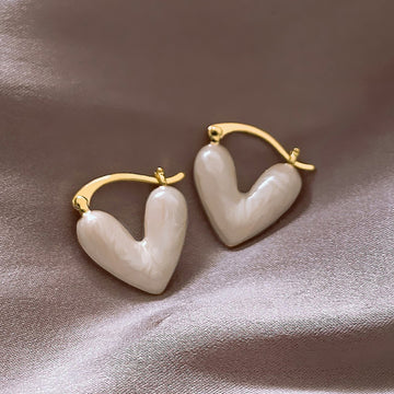 Gold Tone Pink Heart Huggie Earrings with Glossy Enamel Inlays