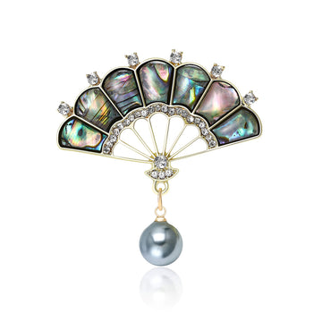 Iridescent Shell Fan Brooch with Gray Pearl Drop for Jackets and Scarves