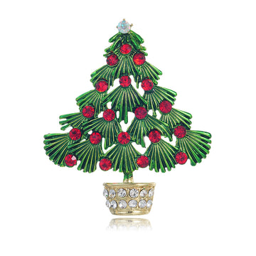 Red Green Christmas Tree Crystal Enamel Two Designs Metal Brooch Pin