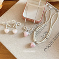 Pearl Bow Heart Drop Earrings Pink Strawberry Necklace view 2