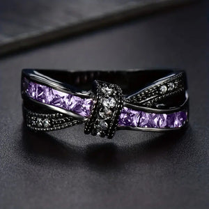 Black Metal Purple Baguette Cross Clear Accent Ring Alloy