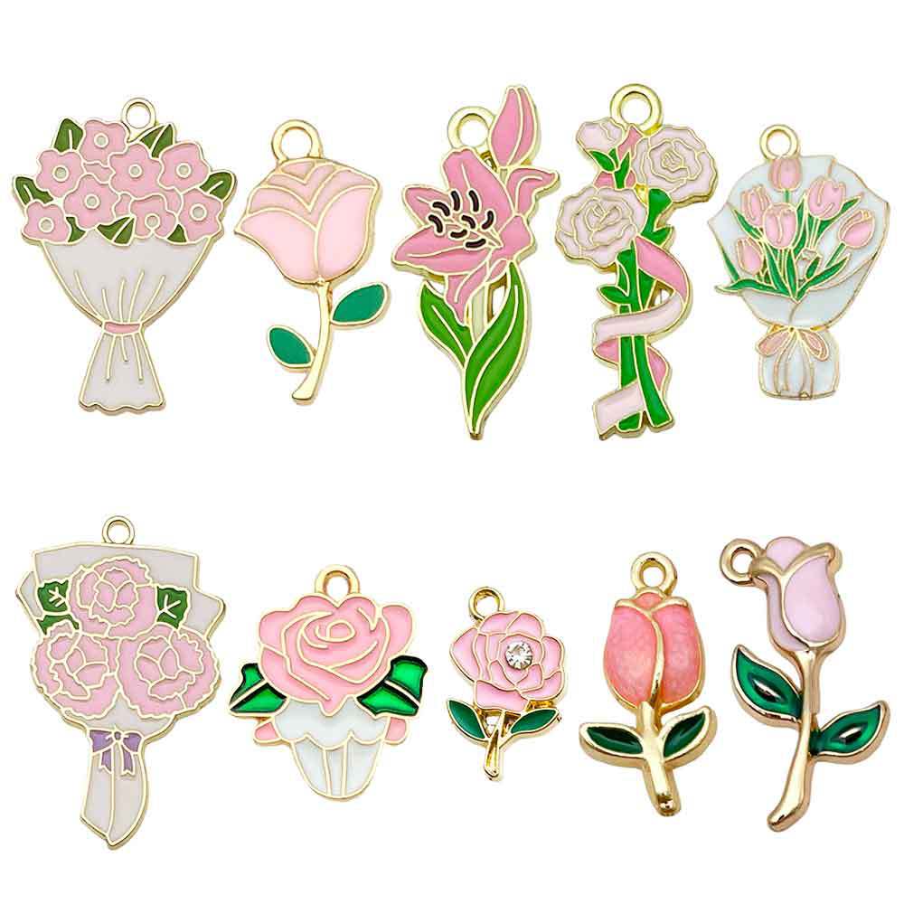 Pink Zinc Alloy Branch Bouquet Carnation Rose charm pendants for DIY bracelets necklaces