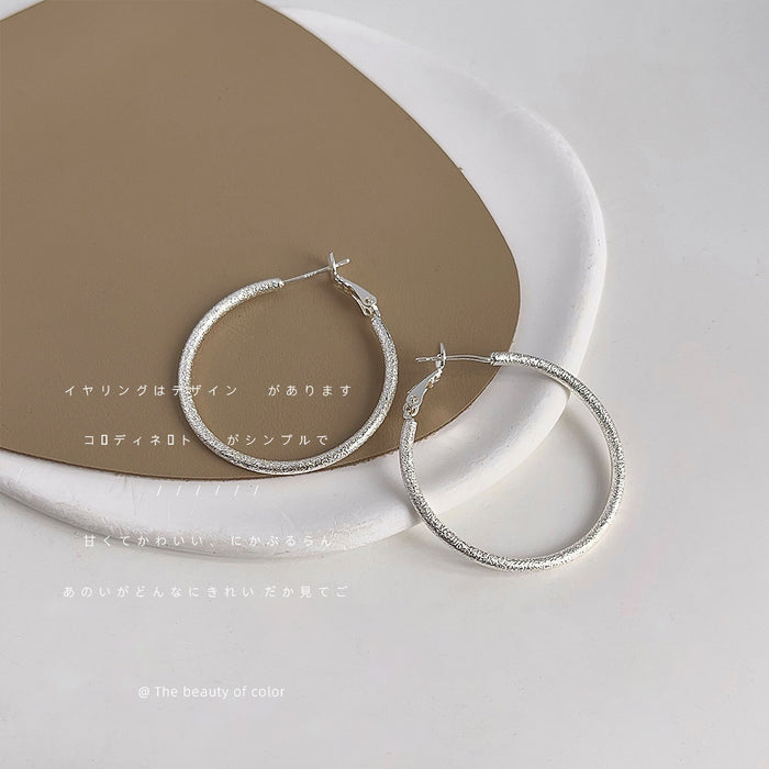 Silver Tone Fine Textured Large Round Hoop Earrings For Women