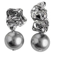 Silver Tone Crumpled Metal Top And Gray Pearl Drop Stud Earrings view 5
