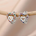 Gold Silver Heart Double Hollow Multicolor Stone Hoops view 2