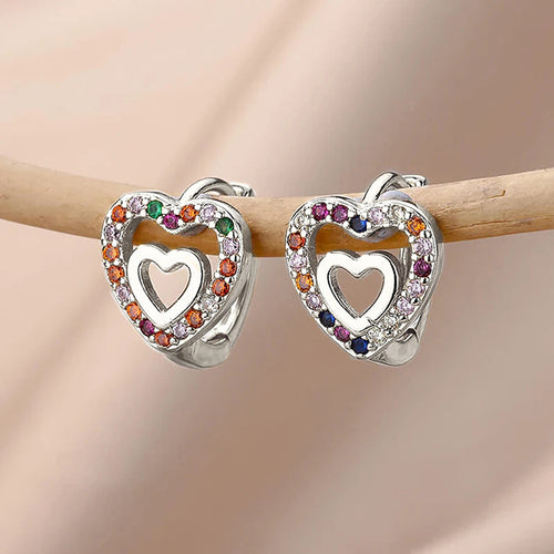 Silver multicolor double heart hoops on wooden stick