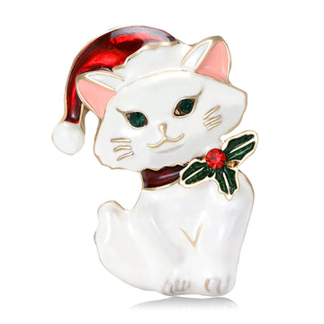 Santa Hat Cat Enamel Brooch With Holly in White or Black