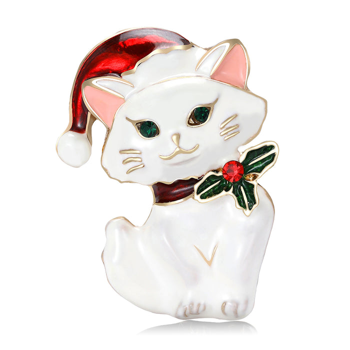 Santa Hat Cat Enamel Brooch With Holly in White or Black