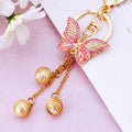 Pink Crystal Butterfly Tassel Keychain with Three Gold Tone Bead Drops view 2