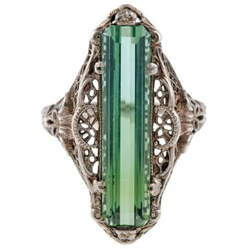 Green Rectangular Bar Filigree Ring Silver Tone Metal