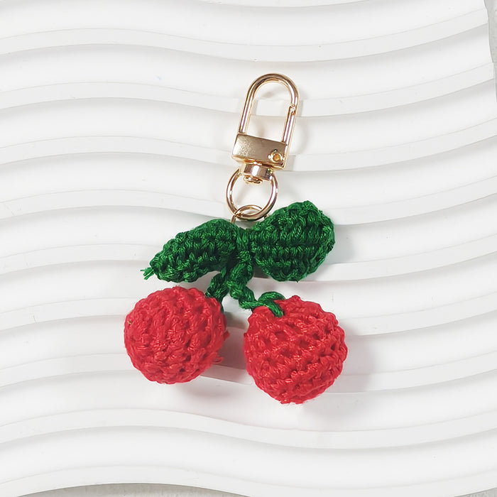 Crochet Red Cherry Green Leaf Charm Gold Tone Clasp