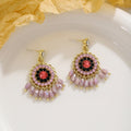 Gold Mandala Beaded Tassel Drop Earrings Pink Black view 2