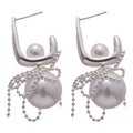 Silver Tone Pearl and Crystal Convertible Drop Earrings view 5