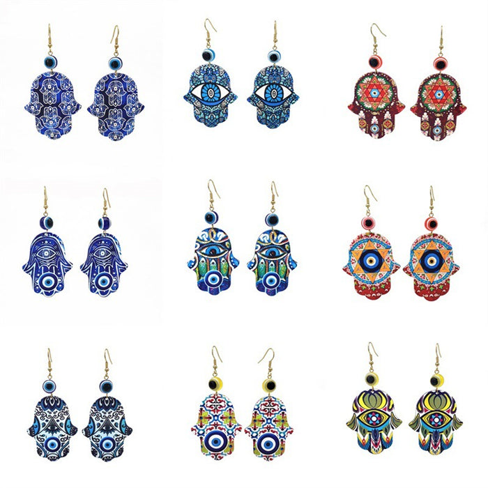 Gold Tone Printed Acrylic Hamsa Hand Evil Eye Hook Earrings in Eleven Designs
