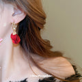 Gold Tone Red Petal Dangle Earrings With Layered Fabric Flowers view 3