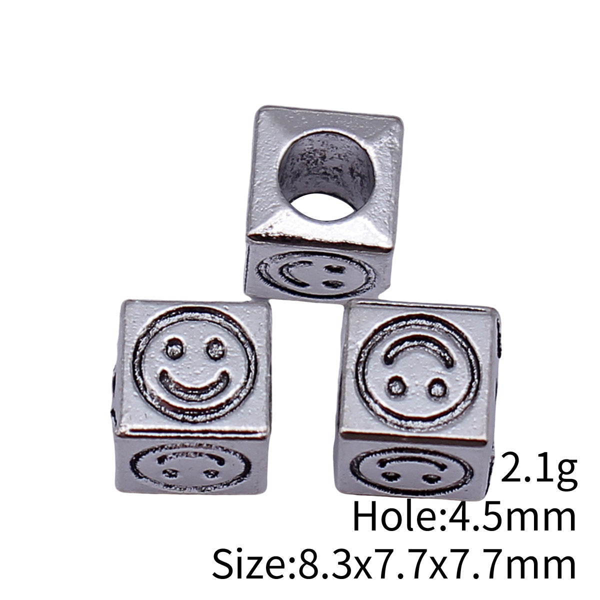 8.3x7.7x7.7mm 2.1g Antique Silver Zinc Alloy Square Four-Sided Smiley Face Large Hole Beads for Bracelet DIY
