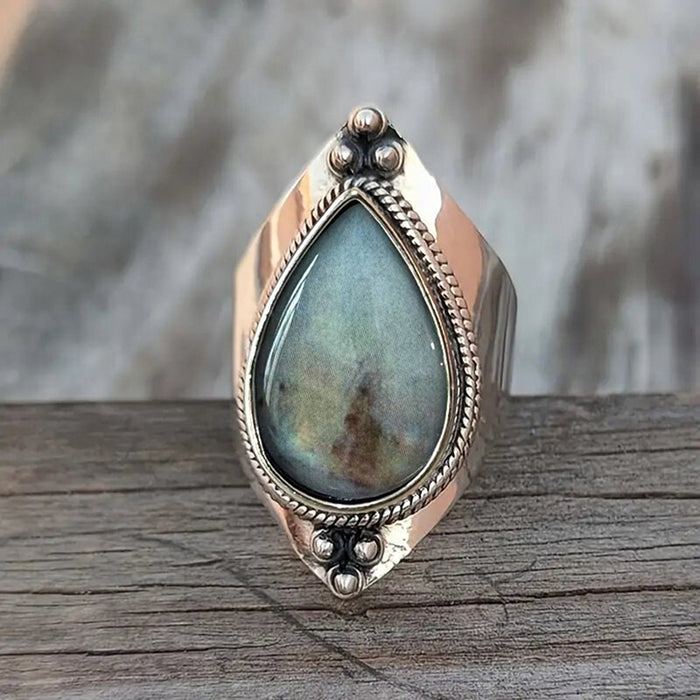 Antique Silver Teardrop Stone Look Wide Band Ring Sizes