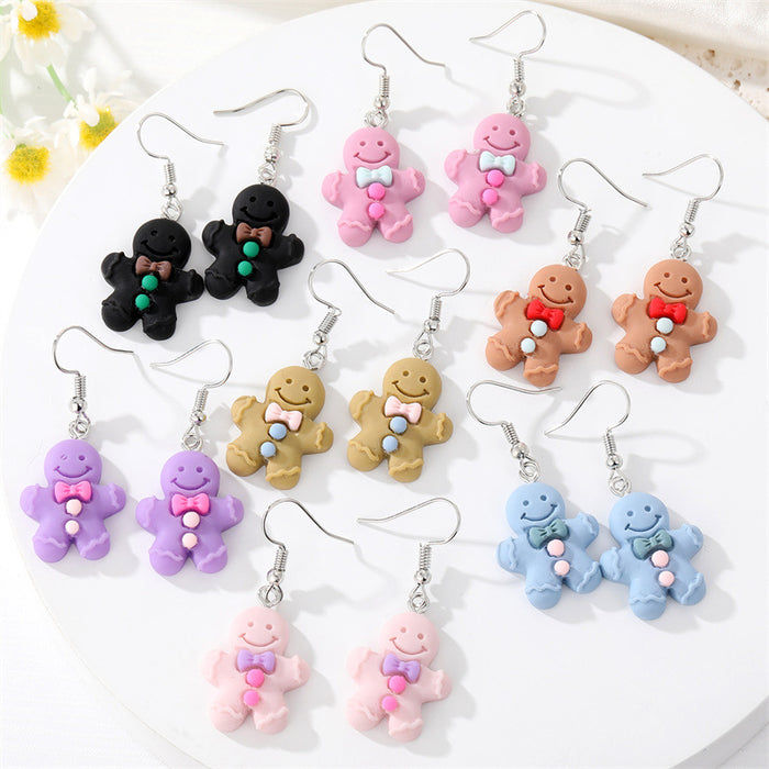 Silver Tone Colorful Gingerbread Figure Resin Hook Earrings