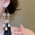 Silver Tone Crystal Petal Pearl Tassel Drop Earrings view 4
