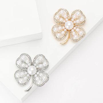Pearl Four Leaf Clover Brooch with Polished Metal and Decorative Accents