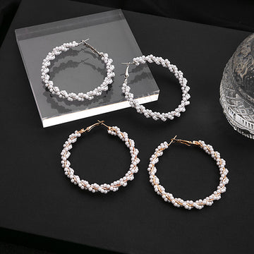 Twisted Pearl Bead Hoop Earrings Gold Tone Metal Frame