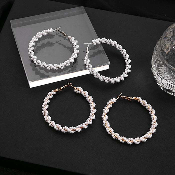 Twisted Pearl Bead Hoop Earrings Gold Tone Metal Frame