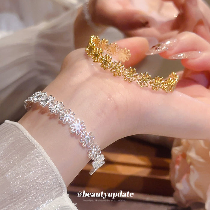 Open Daisy Flower Link Metal Cuff Bracelet 2 Tones