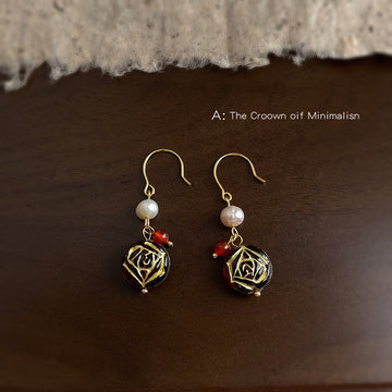 Gold Hook Pearl Amber Glass Rose Disc Drop Earrings