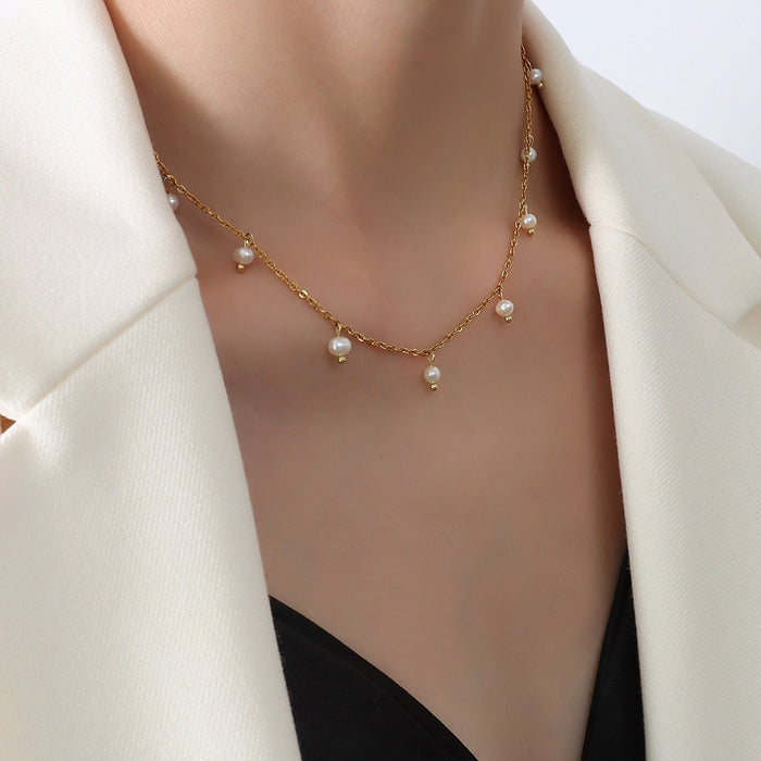Gold Chain Necklace With Dangling Freshwater Pearl Drops