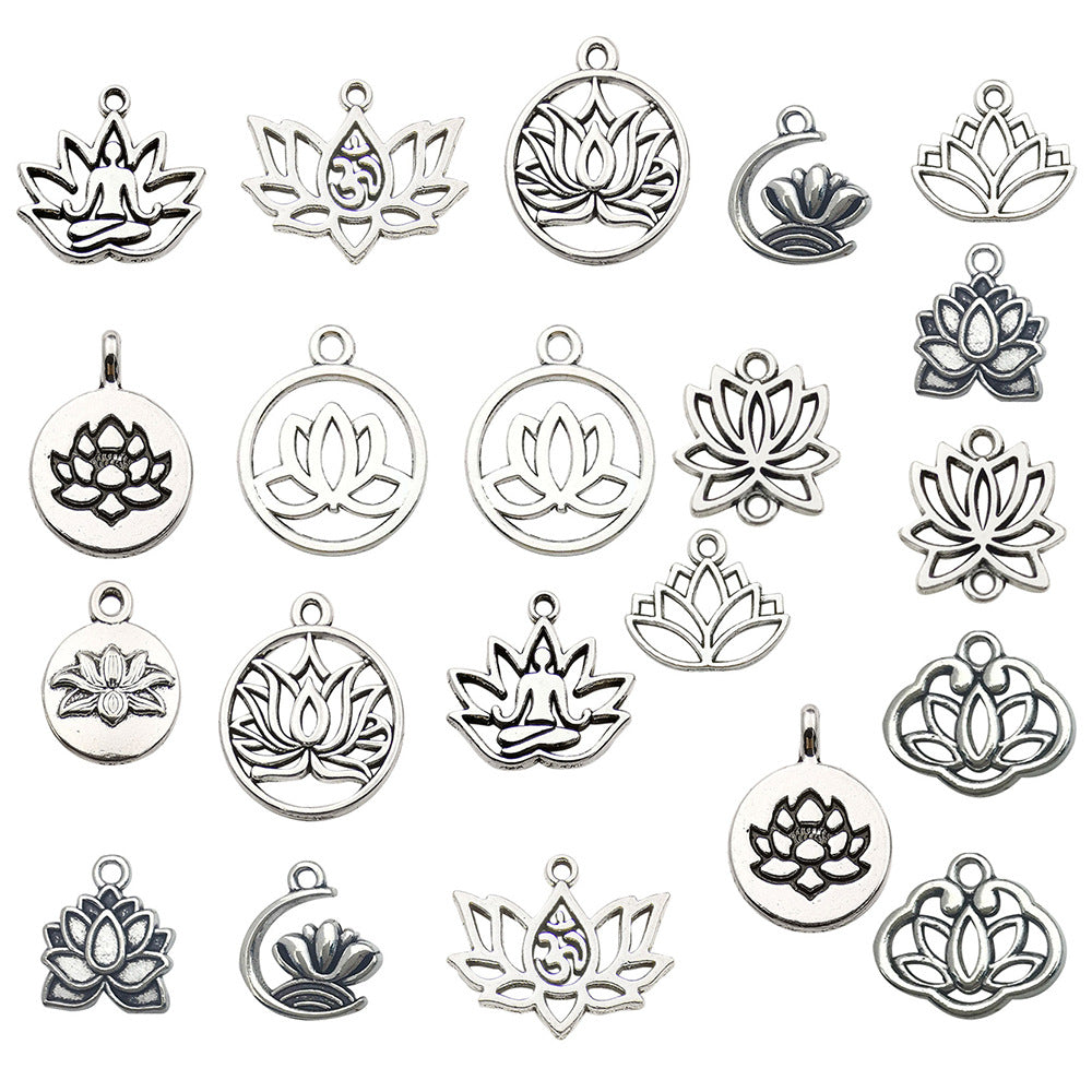 Antique Silver Zinc Alloy Yoga Lotus Round Hollow Charm Pendant for Necklaces and Earrings