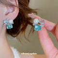 Blue Crystal Pearl Geometric Stud Earrings with Reflective Details view 1