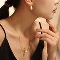 Gold Bow Pearl Stud Earrings And Knot Bar Pearl Necklace view 3