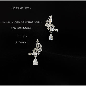 Silver CZ Cluster Drop Earrings Pear Marquise Stones
