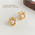 Gold Textured Flower Pearl Stud Earrings Crystal Accent view 3