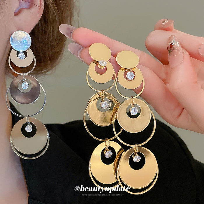 Gold Layered Circle Crystal Drop Statement Earrings