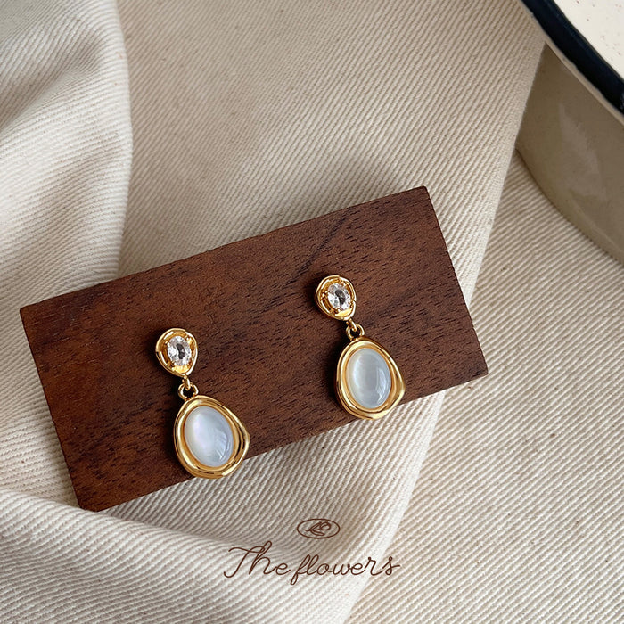 Gold Crystal Stud Shell Teardrop Dangle Earrings Pair