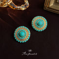 Gold Tone Turquoise Round Cabochon Geometric Stud Earrings view 3