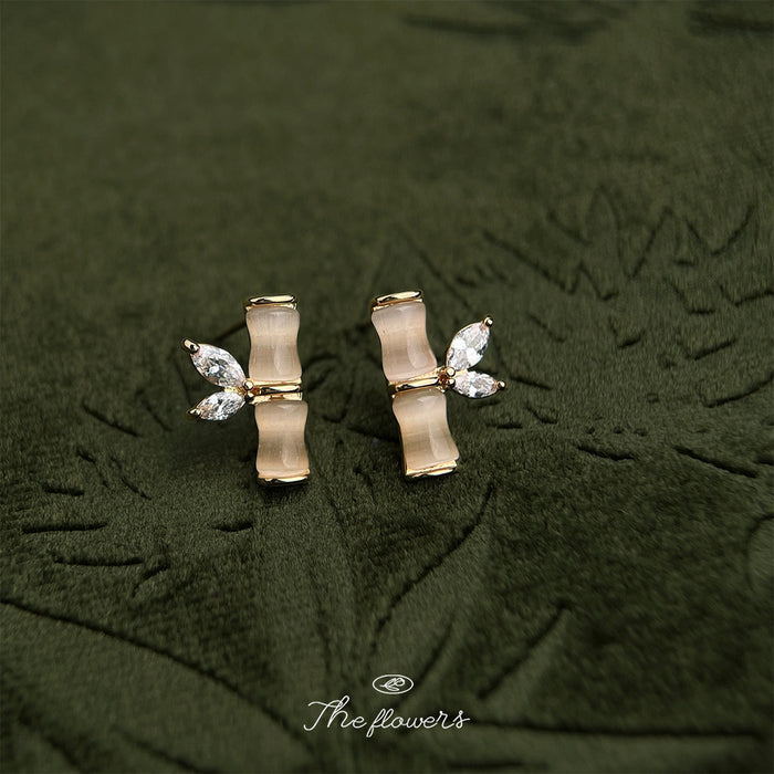 Gold Cat Eye Bamboo Segment Marquise Crystal Stud Earrings
