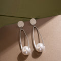 Silver Round Stud Long Oval Frame Pearl Drop Earrings view 4
