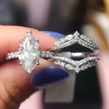 Marquise Clear Solitaire Chevron Three-Ring Set Silver Tone