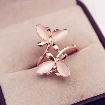 Rose Gold Twin Flower Cat-Eye Stone Open Band Ring