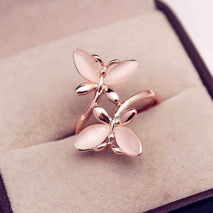 Rose Gold Twin Flower Cat-Eye Stone Open Band Ring