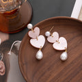 Pink Double Heart Pearl Look Long Dangle Stud Earrings view 3