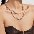 Pearl Clear Bead Station Necklace Gold Steel Models A B view 4