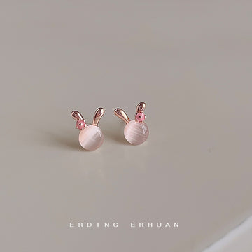 Rose Gold Tone Rabbit Ear And Pink Pearlescent Stud Earrings