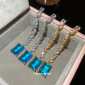Blue Rectangular Crystal Chain Drop Earrings in Two Tones view 4